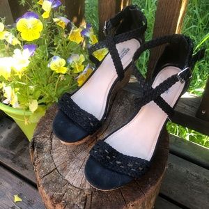 Black Straped Cork Wedges